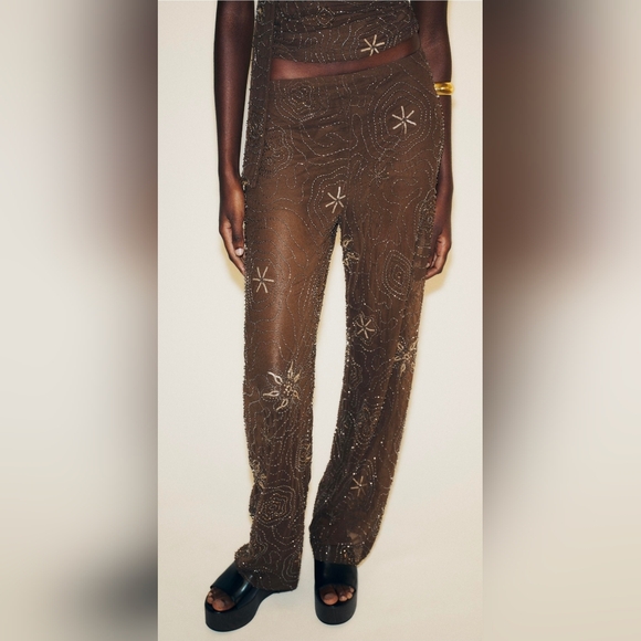 Zara Pants - Sz S Zara NWT BEADED SEQUIN PANTS brown Chocolate